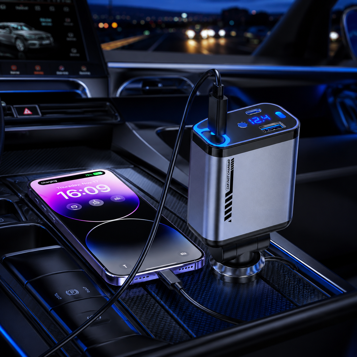 4-in-1 Multi Functional Car Charger Fast Charging with Star Light
