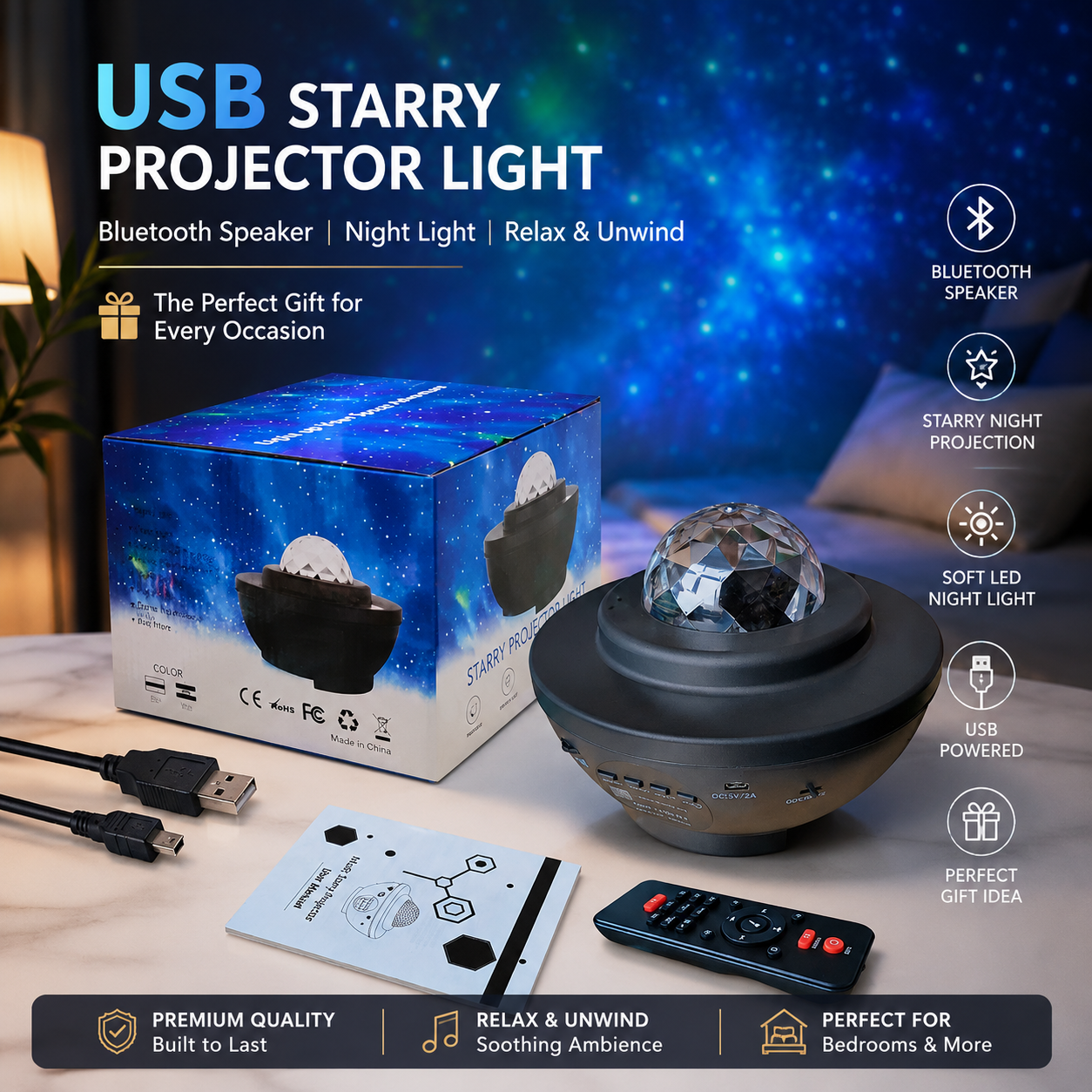USB Starry Projector Light with Bluetooth Speaker