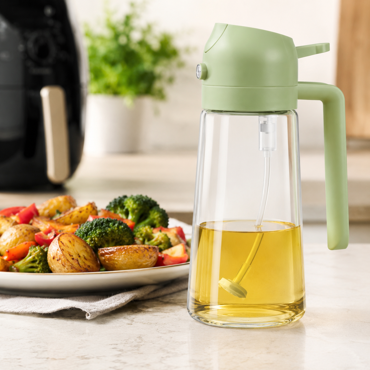 2-in-1 Oil Spray Bottle 470ml – Adjustable Mist & Pour Dispenser