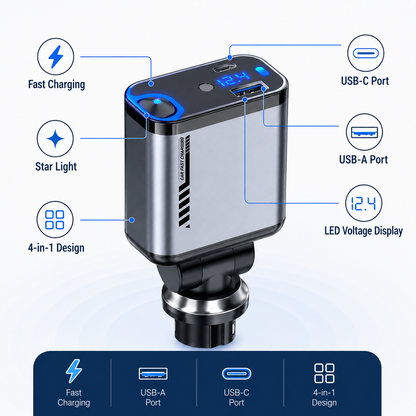 4-in-1 Multi Functional Car Charger Fast Charging with Star Light