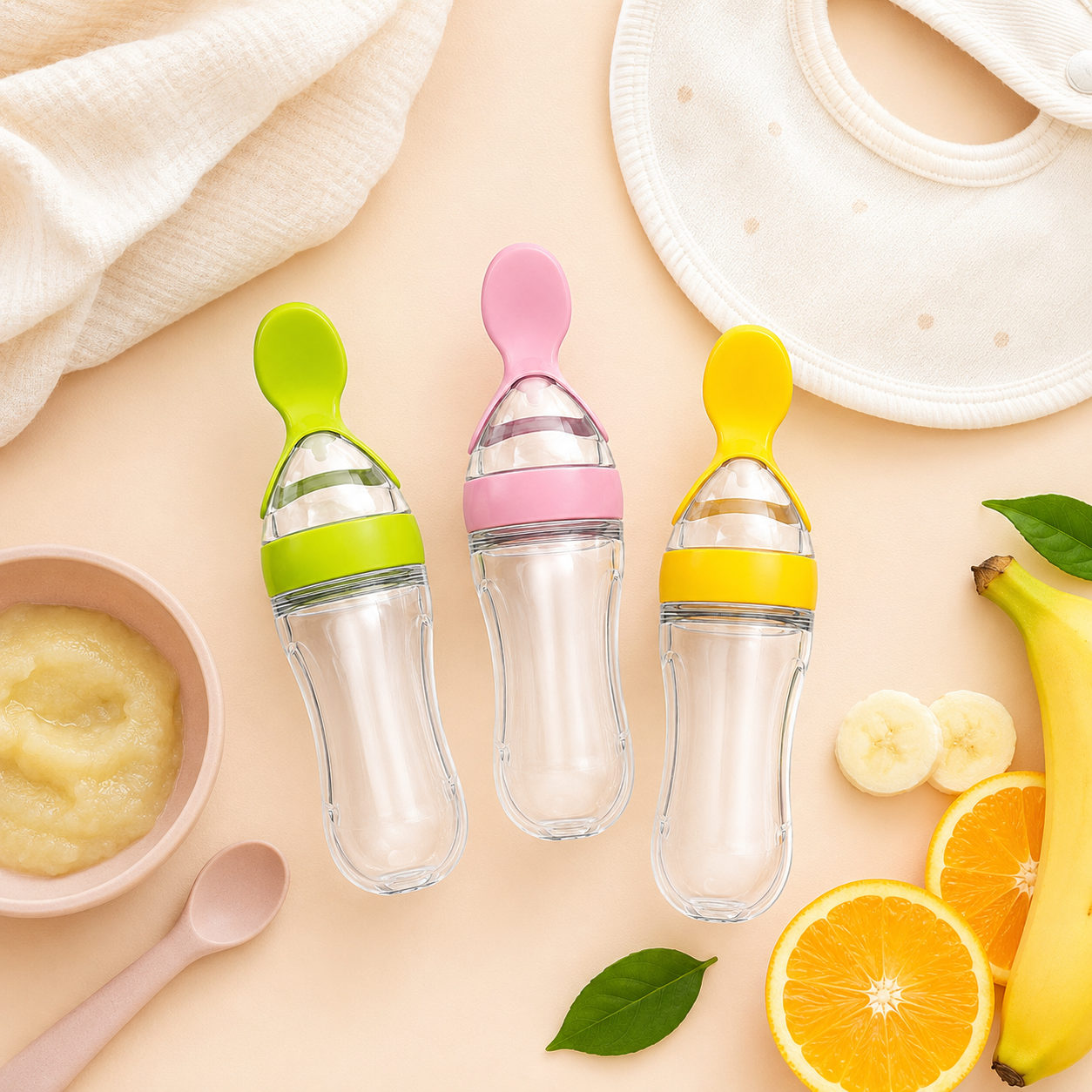 90ml Baby Feeder with Spoon – Silicone Feeding Bottle Spoon Dispenser
