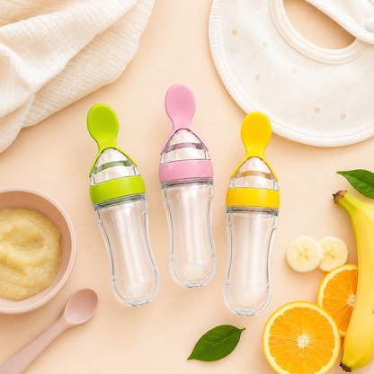 90ml Baby Feeder with Spoon – Silicone Feeding Bottle Spoon Dispenser