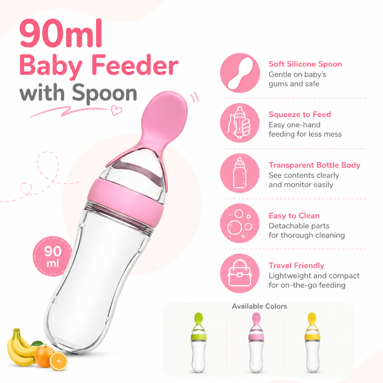 90ml Baby Feeder with Spoon – Silicone Feeding Bottle Spoon Dispenser