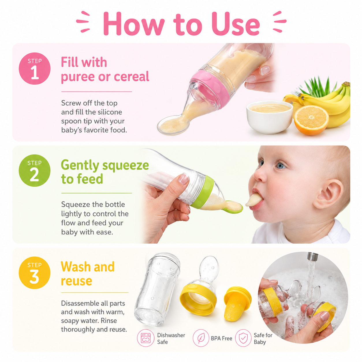 90ml Baby Feeder with Spoon – Silicone Feeding Bottle Spoon Dispenser