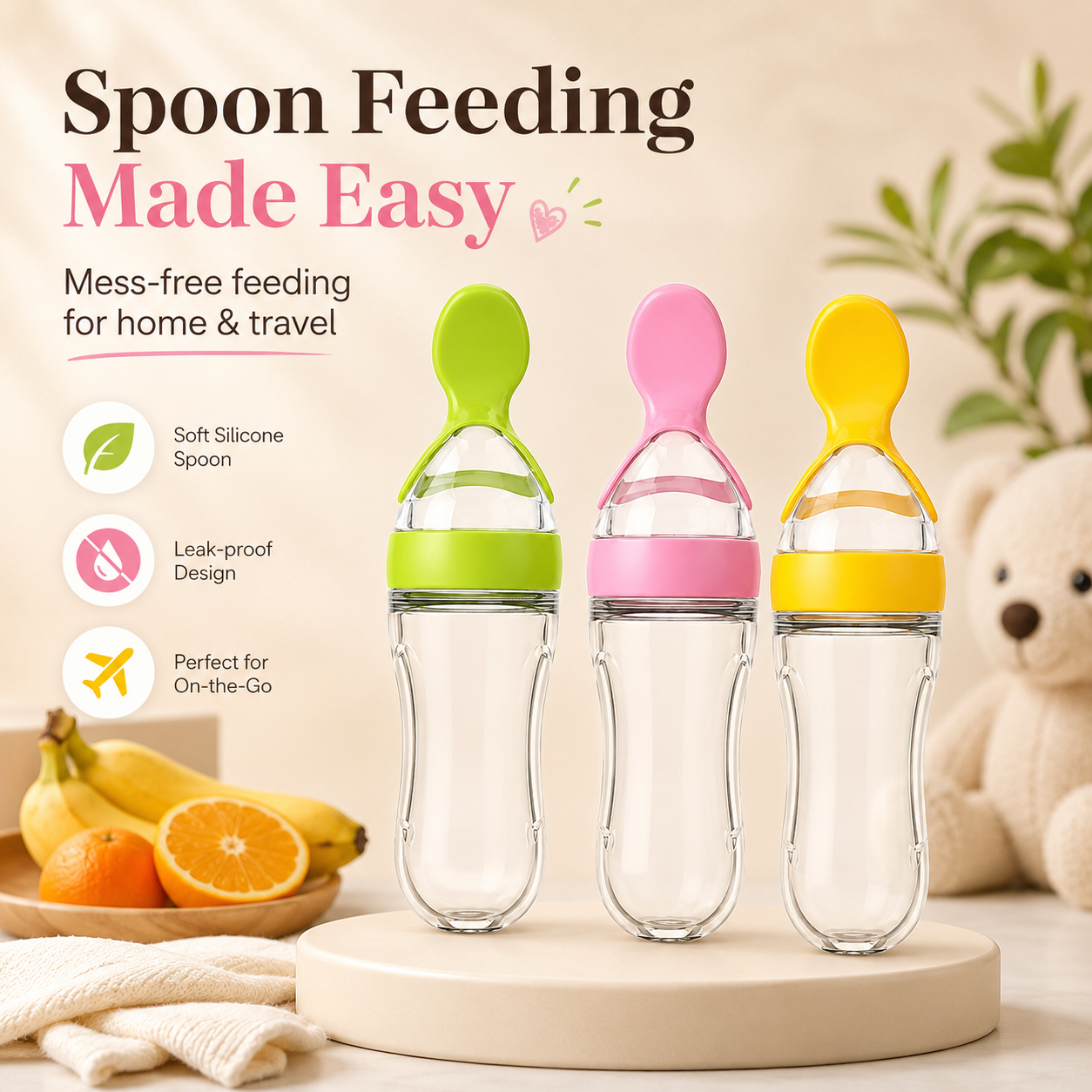 90ml Baby Feeder with Spoon – Silicone Feeding Bottle Spoon Dispenser