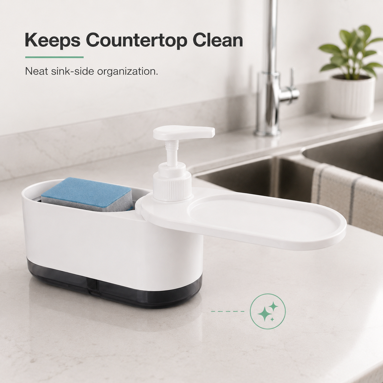 2-in-1 Soap Dispenser for Kitchen & Bathroom with Sponge Holder & 360° Tray