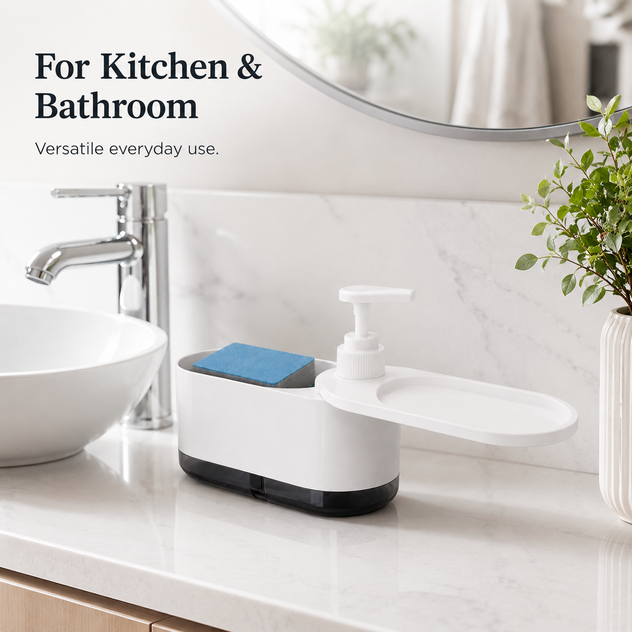 2-in-1 Soap Dispenser for Kitchen & Bathroom with Sponge Holder & 360° Tray