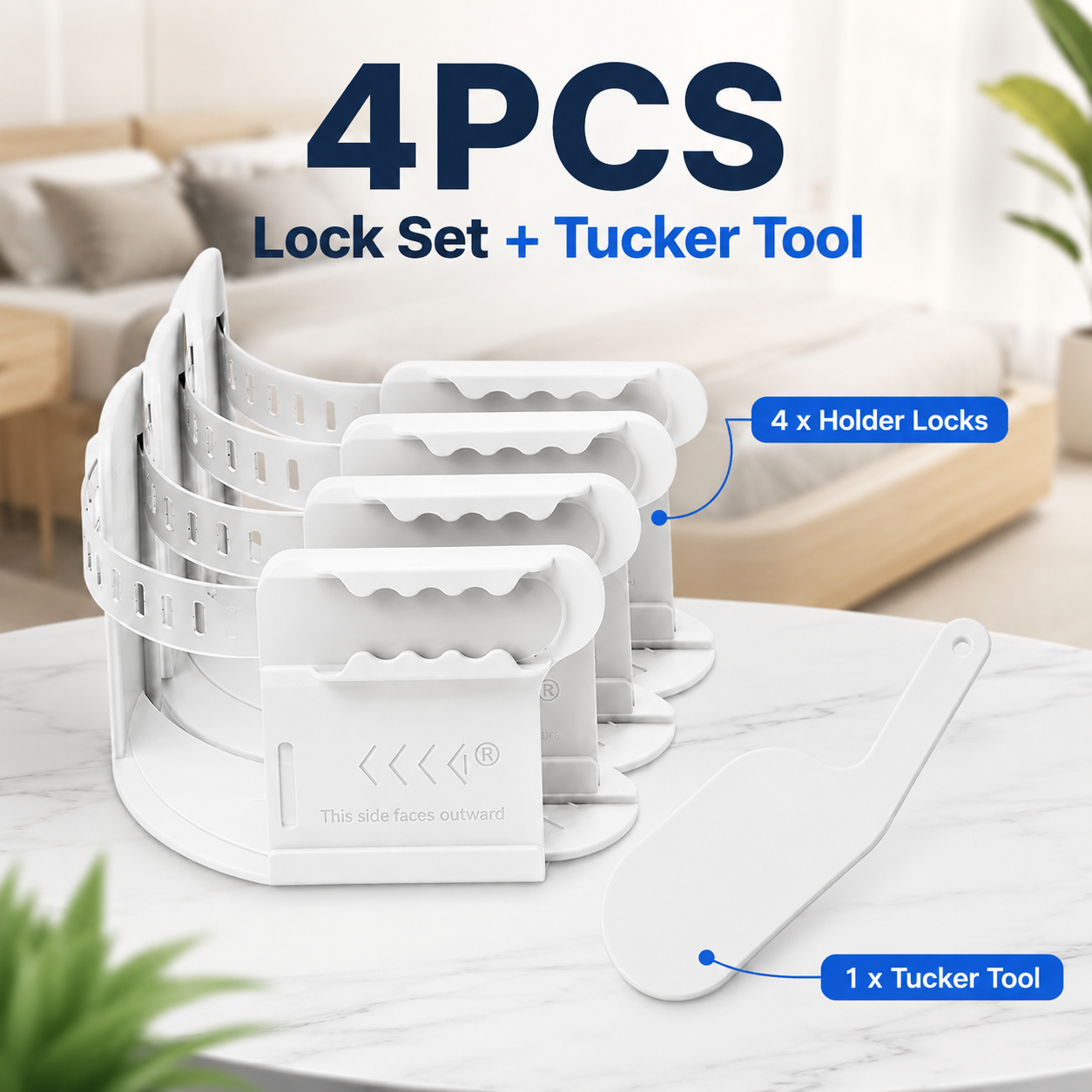 Premium Bed Sheet Holder Lock Set (4PCS) with Tucker Tool