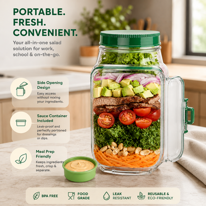 Portable Salad Jar Pod with Side Opening & Sauce Container – Leakproof Meal Prep Lunch Box