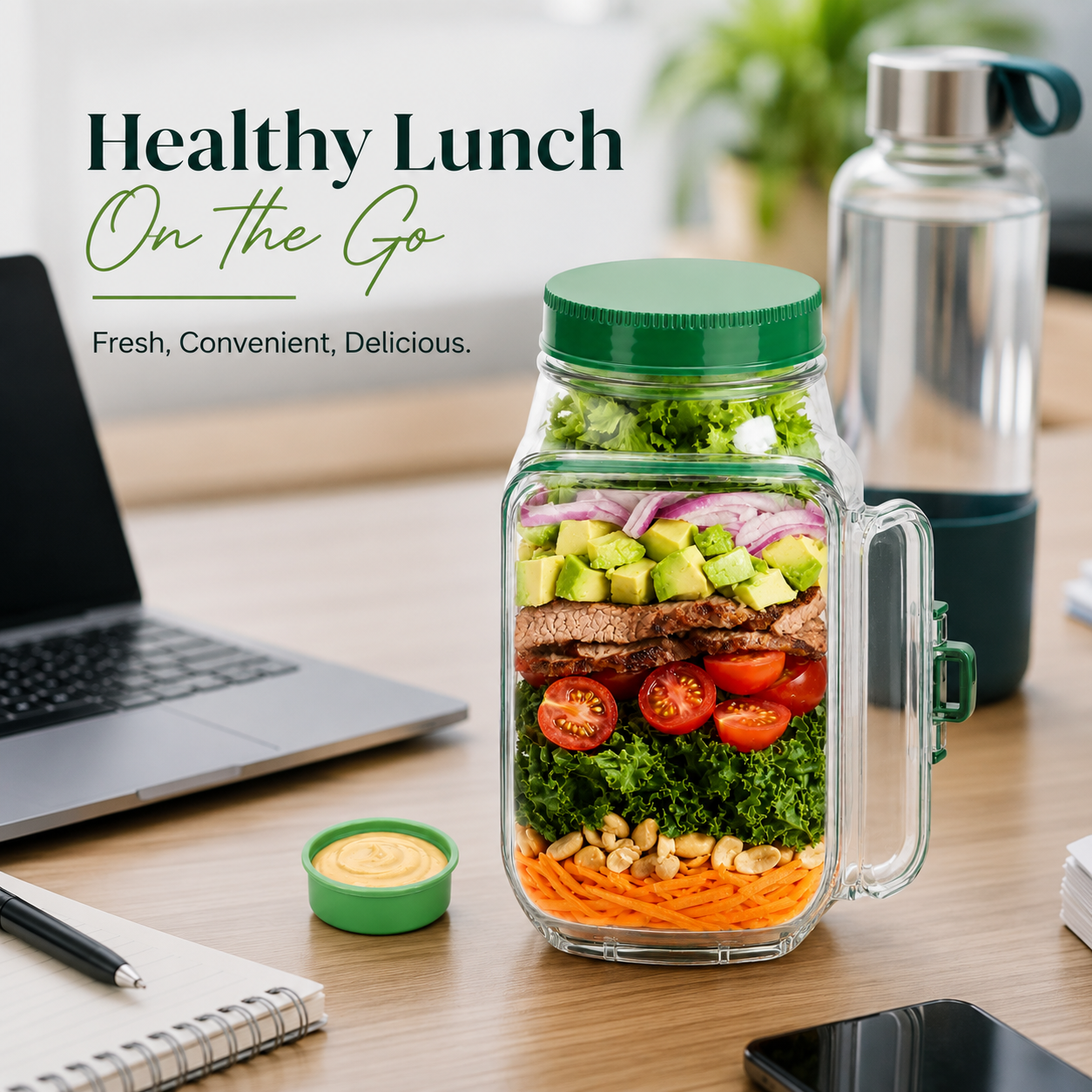 Portable Salad Jar Pod with Side Opening & Sauce Container – Leakproof Meal Prep Lunch Box