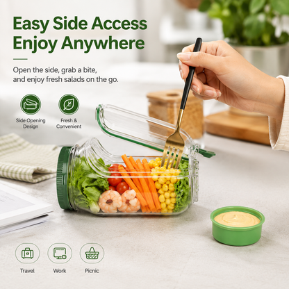 Portable Salad Jar Pod with Side Opening & Sauce Container – Leakproof Meal Prep Lunch Box