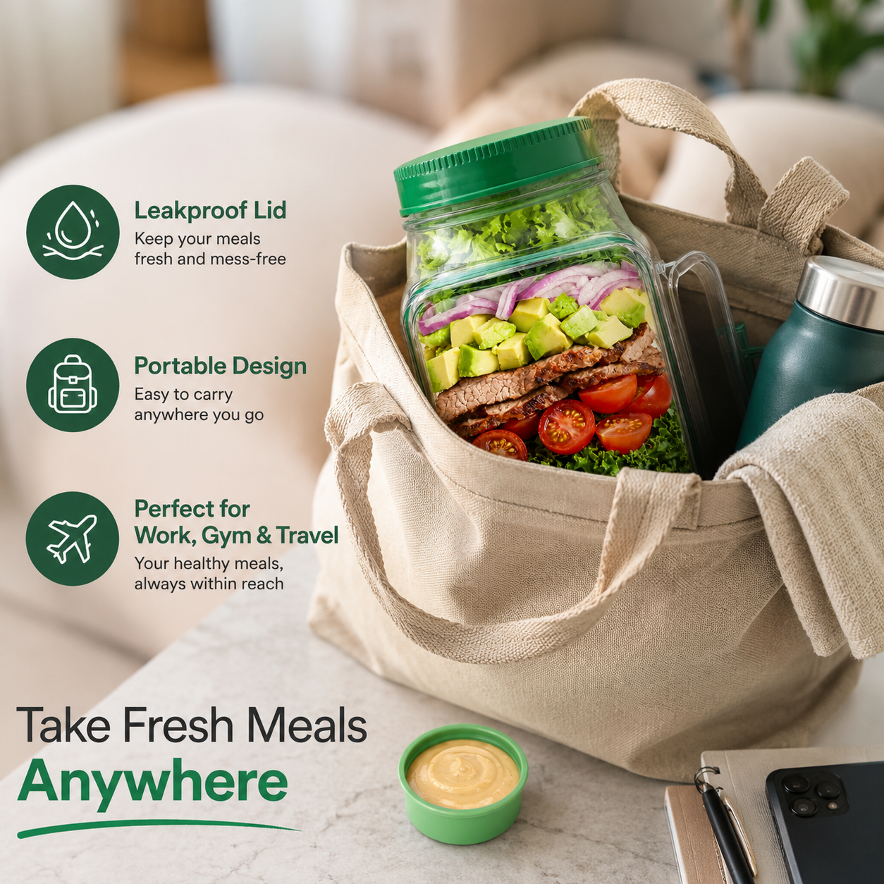 Portable Salad Jar Pod with Side Opening & Sauce Container – Leakproof Meal Prep Lunch Box