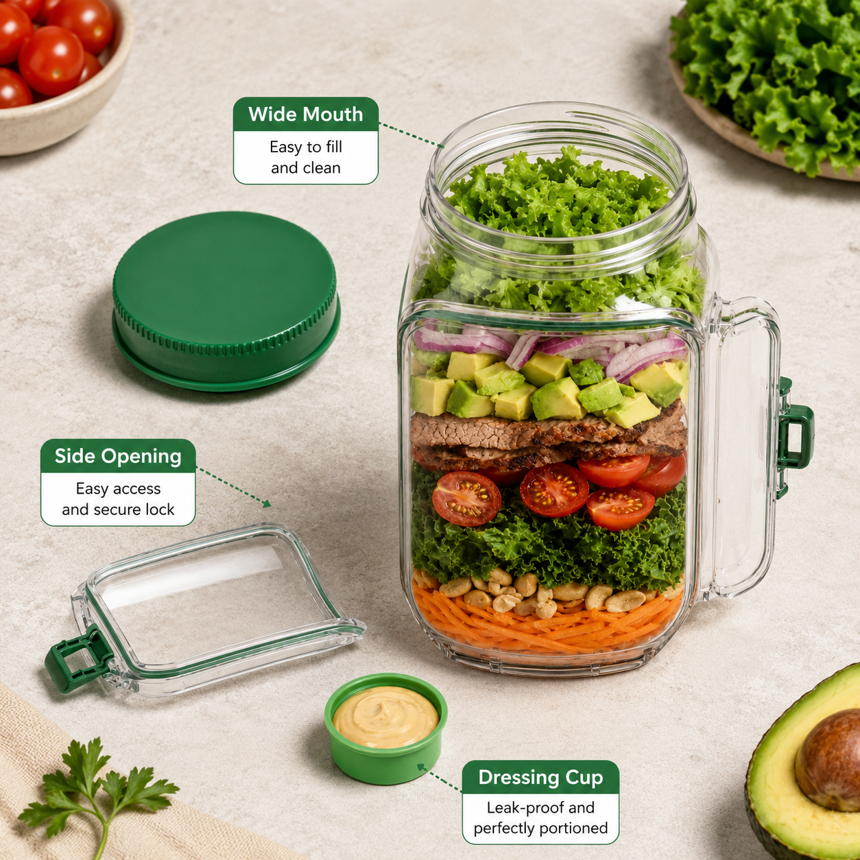 Portable Salad Jar Pod with Side Opening & Sauce Container – Leakproof Meal Prep Lunch Box