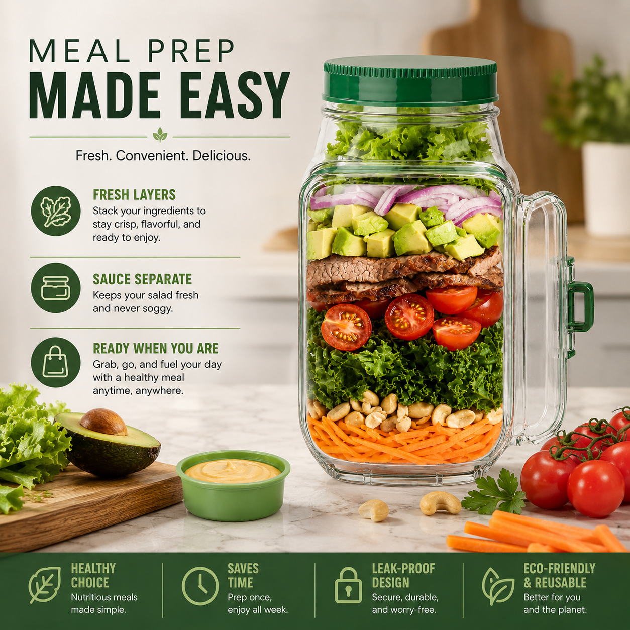 Portable Salad Jar Pod with Side Opening & Sauce Container – Leakproof Meal Prep Lunch Box