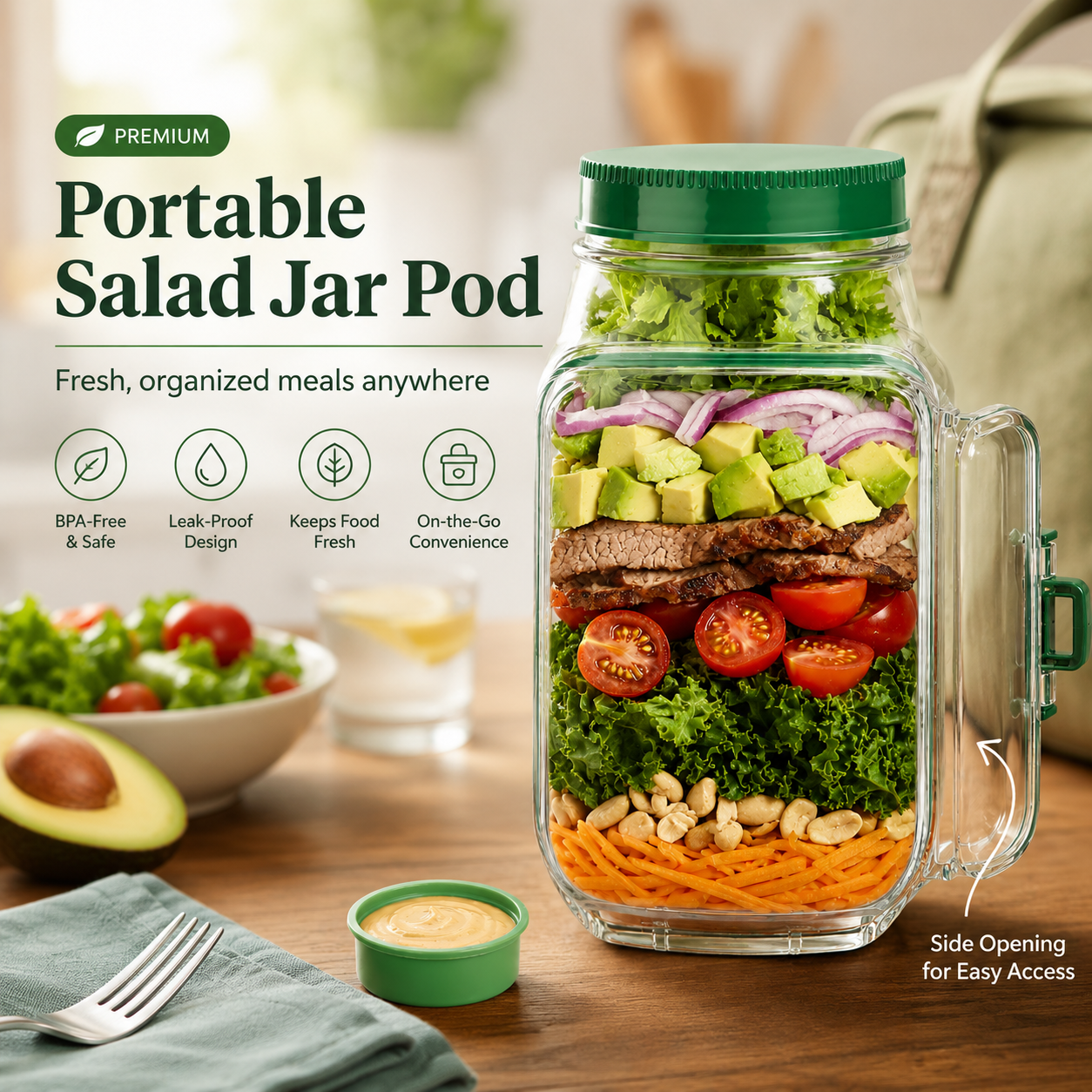 Portable Salad Jar Pod with Side Opening & Sauce Container – Leakproof Meal Prep Lunch Box