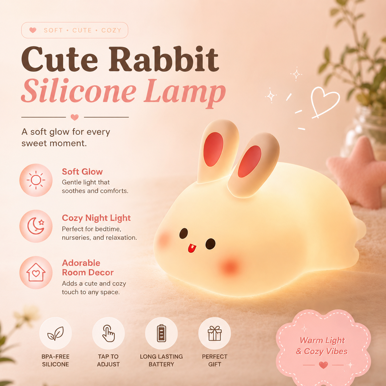 Cute Rabbit Silicone Lamp – Soft Touch LED Night Light for Kids