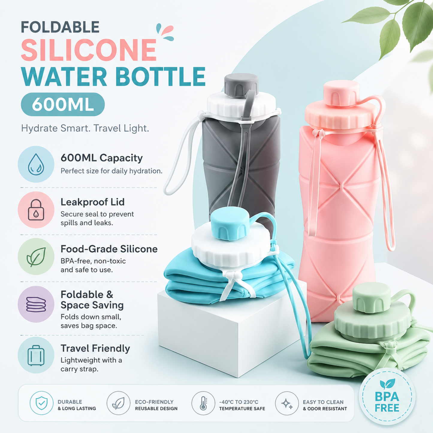 Foldable Silicone Water Bottle (600ML) – Leakproof & Travel-Friendly
