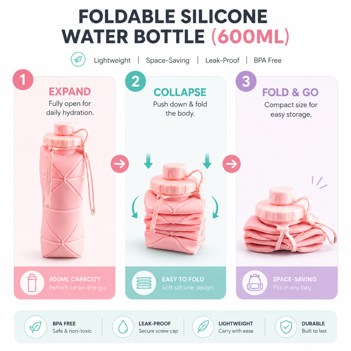 Foldable Silicone Water Bottle (600ML) – Leakproof & Travel-Friendly