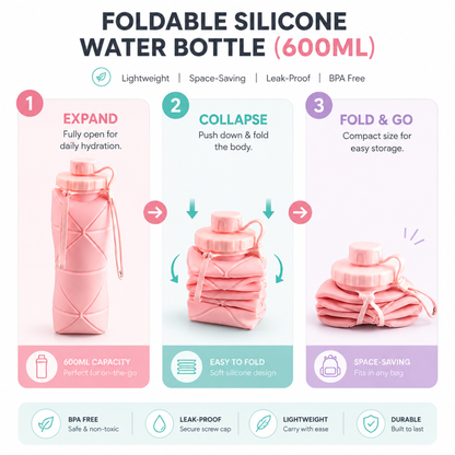 Foldable Silicone Water Bottle (600ML) – Leakproof & Travel-Friendly