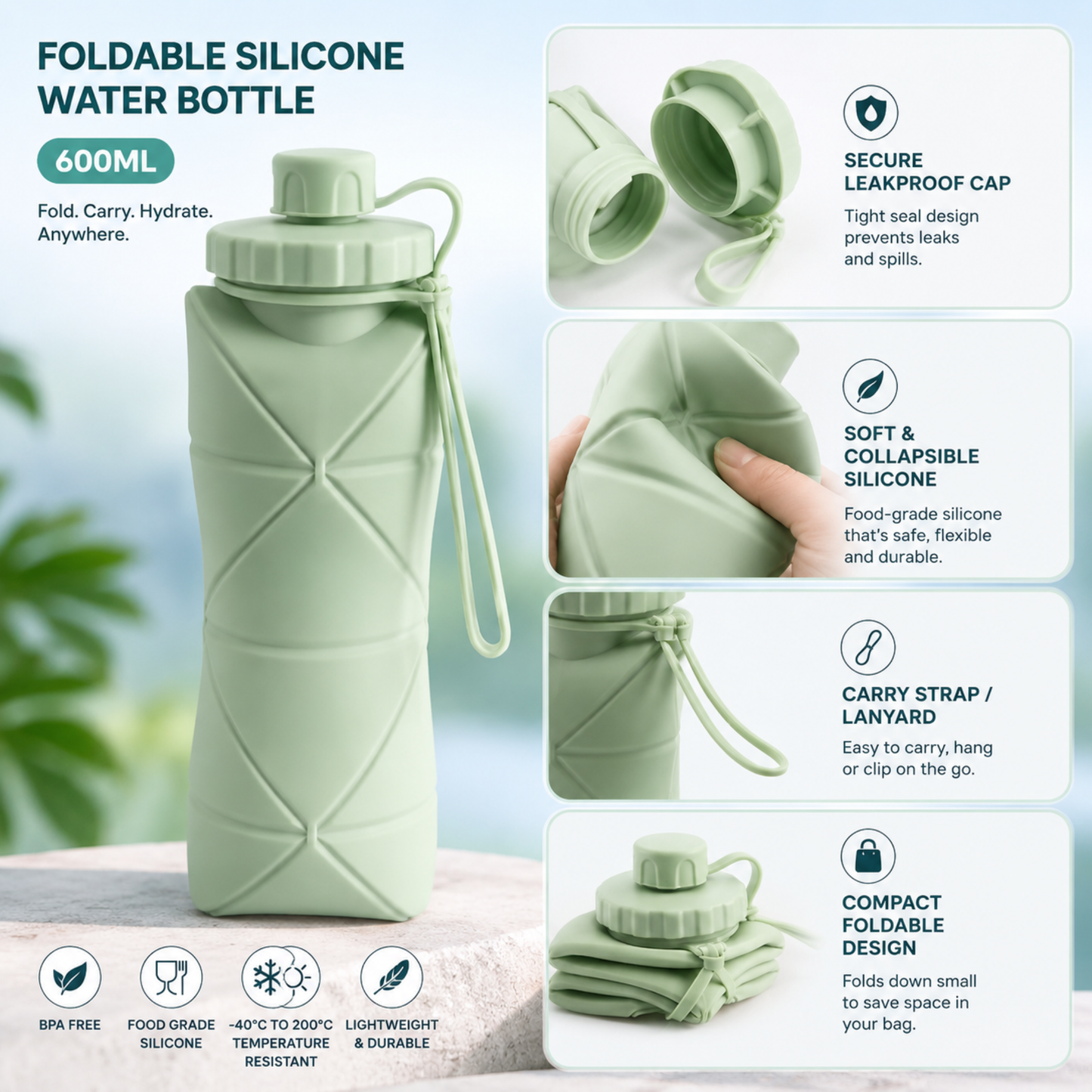 Foldable Silicone Water Bottle (600ML) – Leakproof & Travel-Friendly