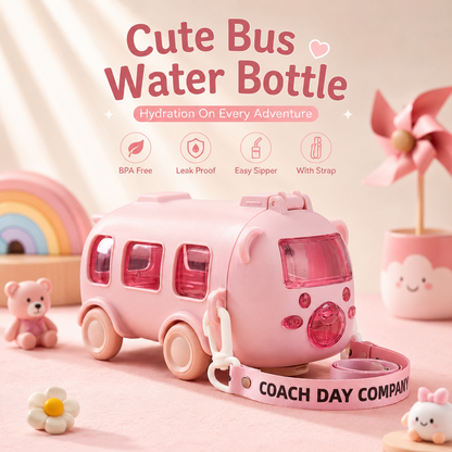 Imported 600ml Bus Water Bottle | Cute Bus Shape Kids Bottle with Strap, Sipper &amp; Straw | Leakproof BPA-Free (Random Colour)
