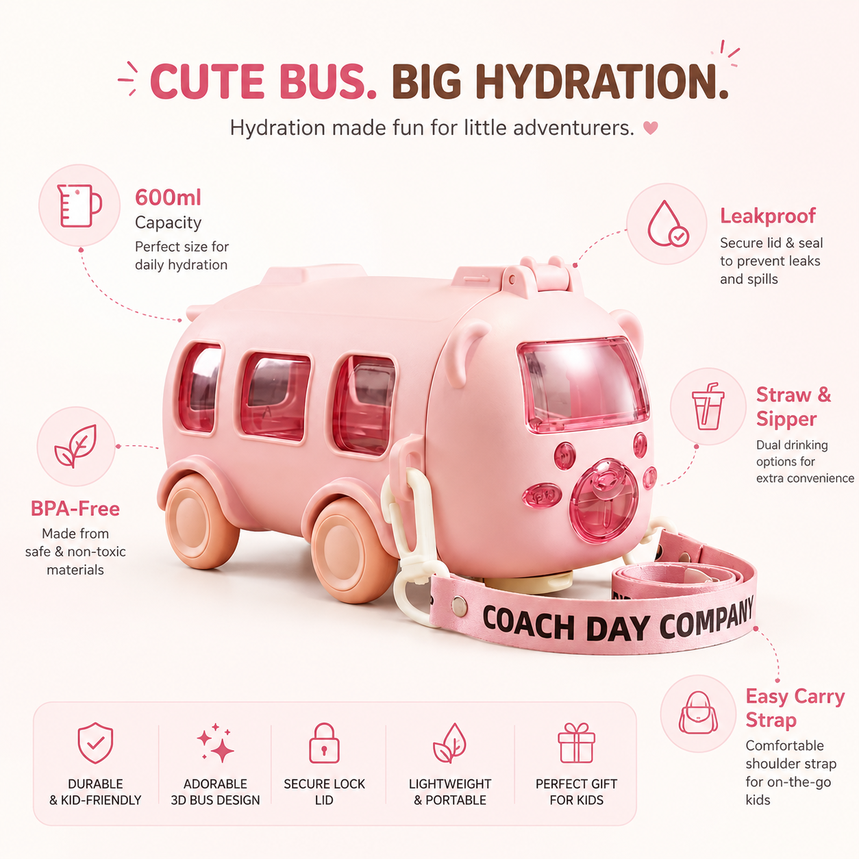 Imported 600ml Bus Water Bottle | Cute Bus Shape Kids Bottle with Strap, Sipper &amp; Straw | Leakproof BPA-Free (Random Colour)
