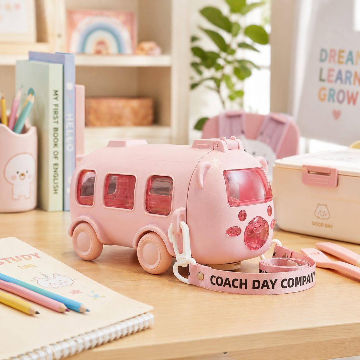Imported 600ml Bus Water Bottle | Cute Bus Shape Kids Bottle with Strap, Sipper &amp; Straw | Leakproof BPA-Free (Random Colour)