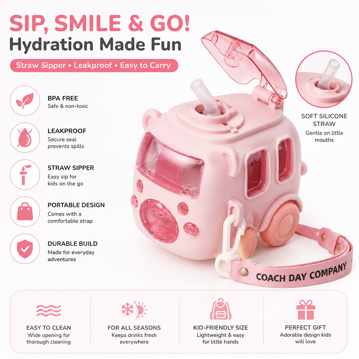 Imported 600ml Bus Water Bottle | Cute Bus Shape Kids Bottle with Strap, Sipper &amp; Straw | Leakproof BPA-Free (Random Colour)