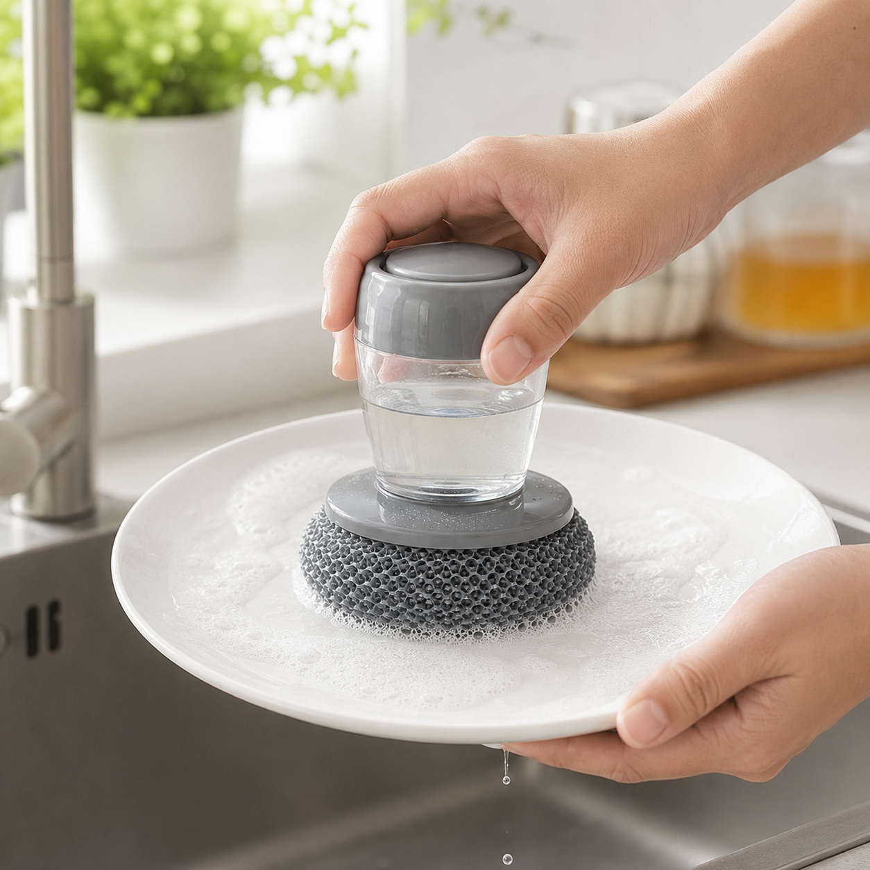 Kitchen Soap Dispensing Palm Brush – Automatic Filling Dish Scrubber with PET Bristles