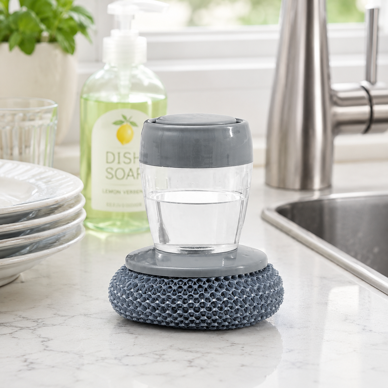 Kitchen Soap Dispensing Palm Brush – Automatic Filling Dish Scrubber with PET Bristles