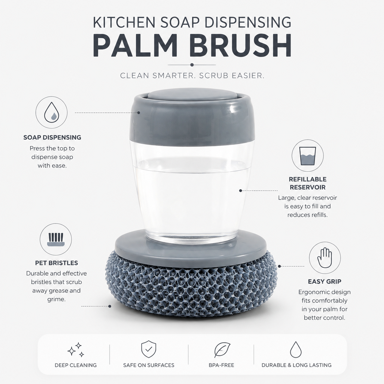 Kitchen Soap Dispensing Palm Brush – Automatic Filling Dish Scrubber with PET Bristles