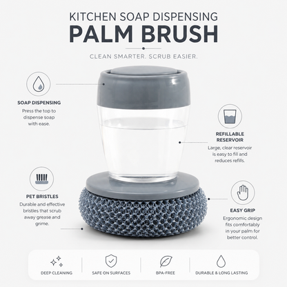Kitchen Soap Dispensing Palm Brush – Automatic Filling Dish Scrubber with PET Bristles