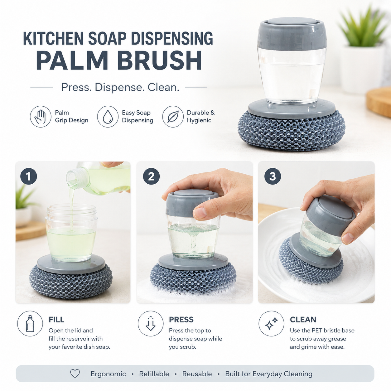 Kitchen Soap Dispensing Palm Brush – Automatic Filling Dish Scrubber with PET Bristles