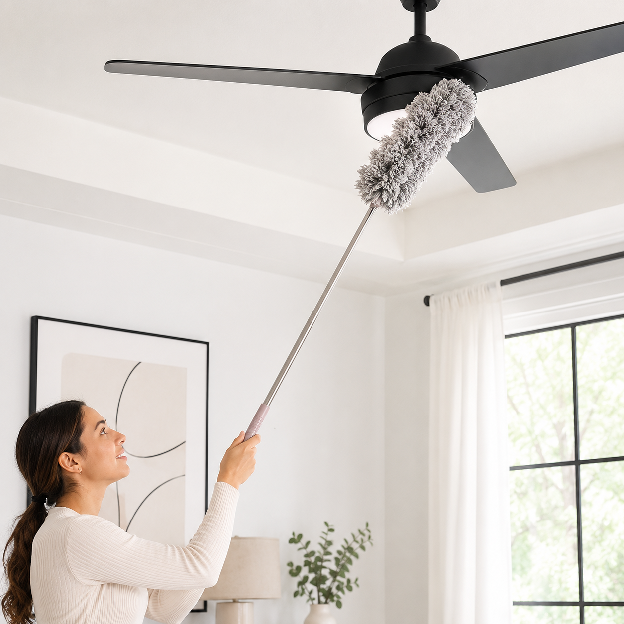 Microfiber Gray Fan Duster – Extendable Stainless Steel Long Pole