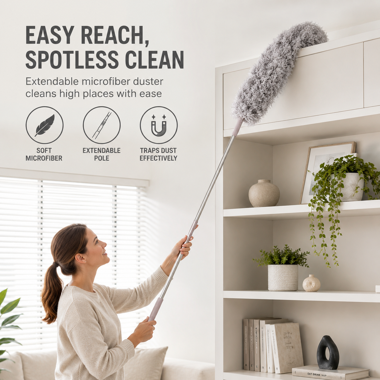 Microfiber Gray Fan Duster – Extendable Stainless Steel Long Pole