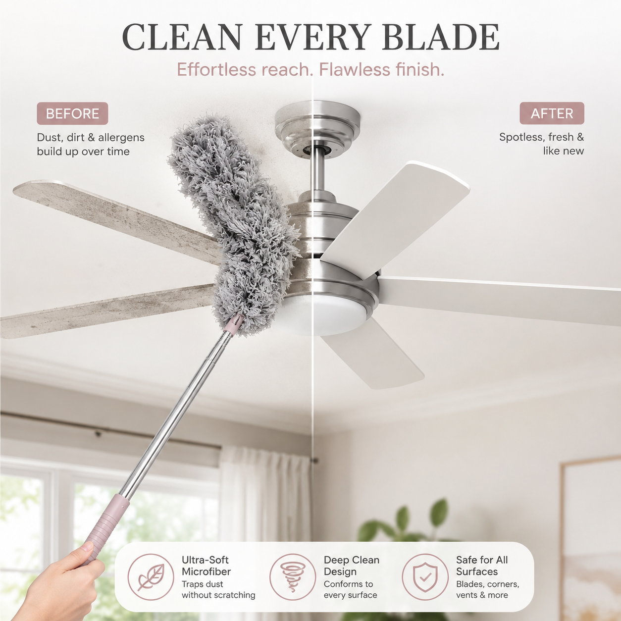 Microfiber Gray Fan Duster – Extendable Stainless Steel Long Pole