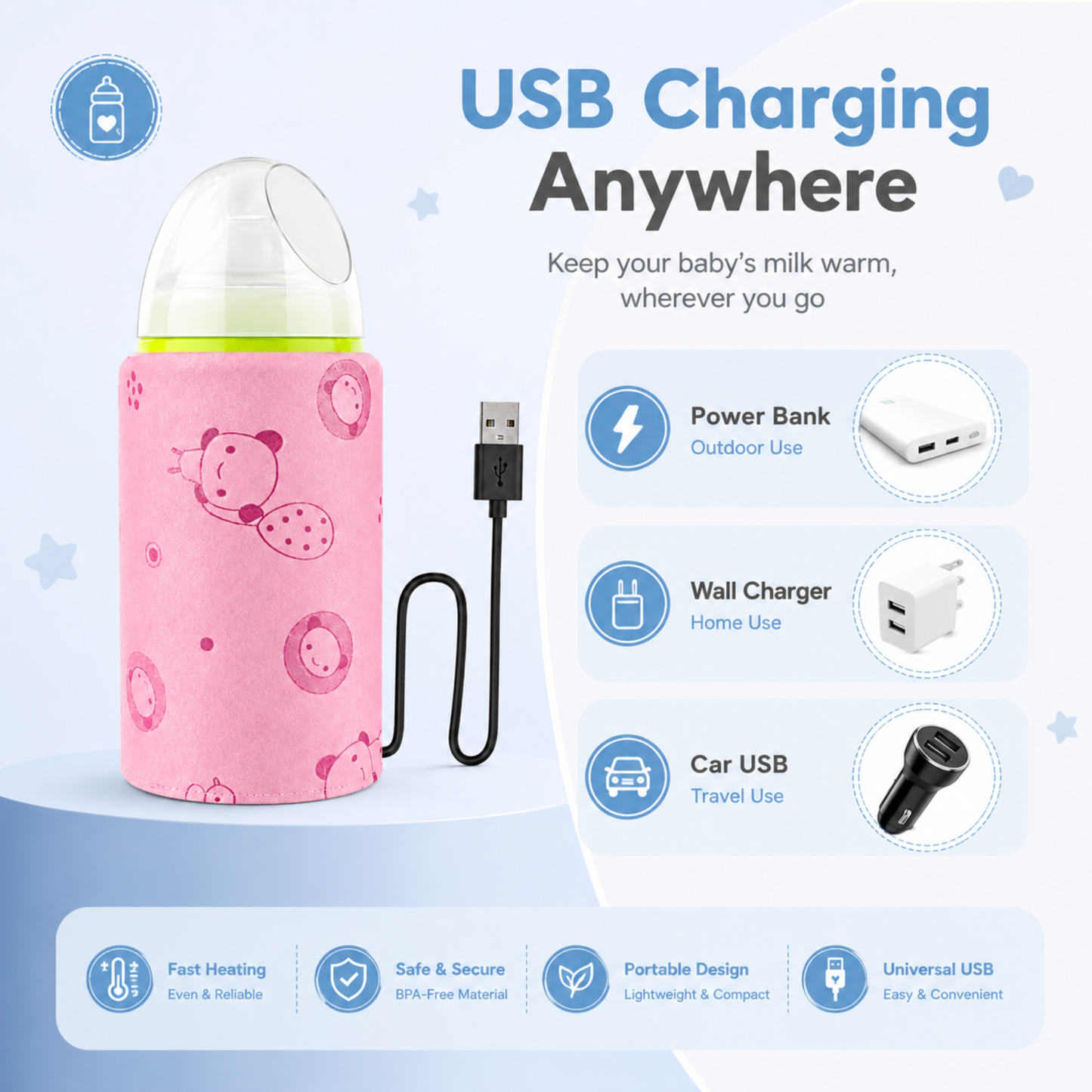 Portable USB Baby Bottle Warmer – Travel Milk Heater Sleeve