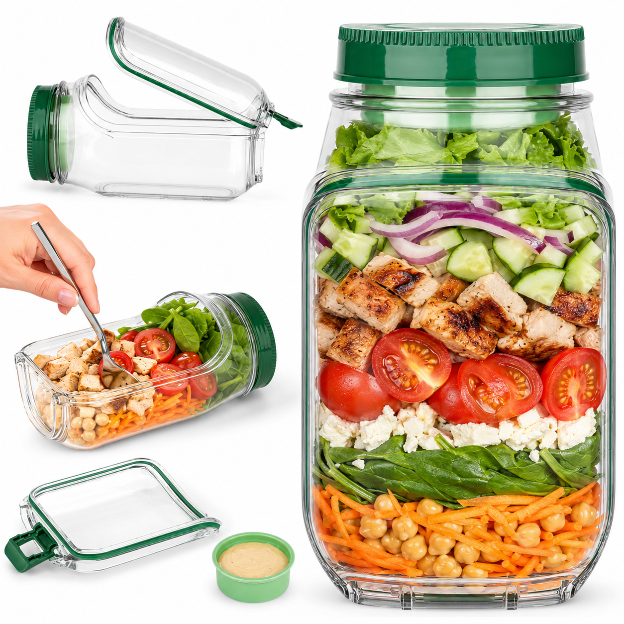 Portable Salad Jar Pod with Side Opening & Sauce Container – Leakproof Meal Prep Lunch Box