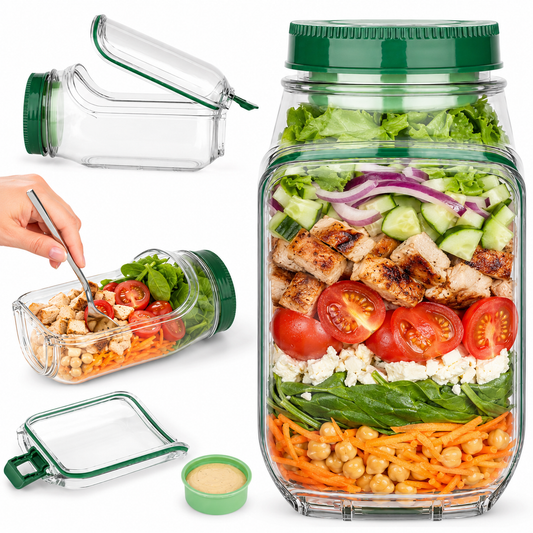 Portable Salad Jar Pod with Side Opening & Sauce Container – Leakproof Meal Prep Lunch Box