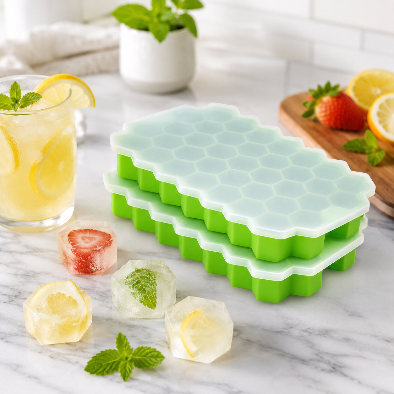 Silicon Ice Cube Tray With Lid | 36-Cube Honeycomb Shape Ice Mold