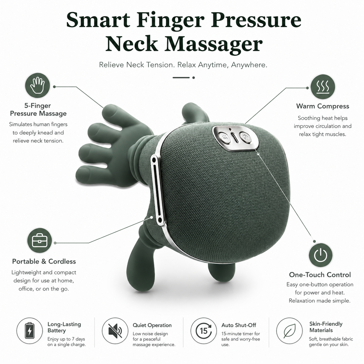 Smart Finger Pressure Neck Massager – Electric Heated Deep Kneading Neck & Shoulder Relaxation Device