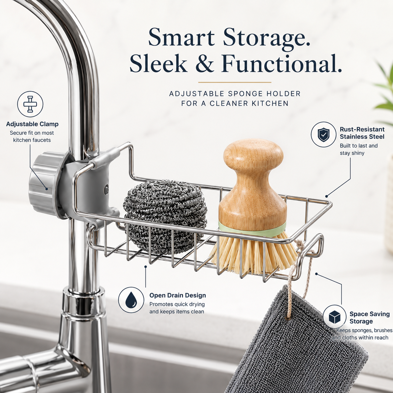 Stainless Steel Adjustable Kitchen Faucet Sponge Holder