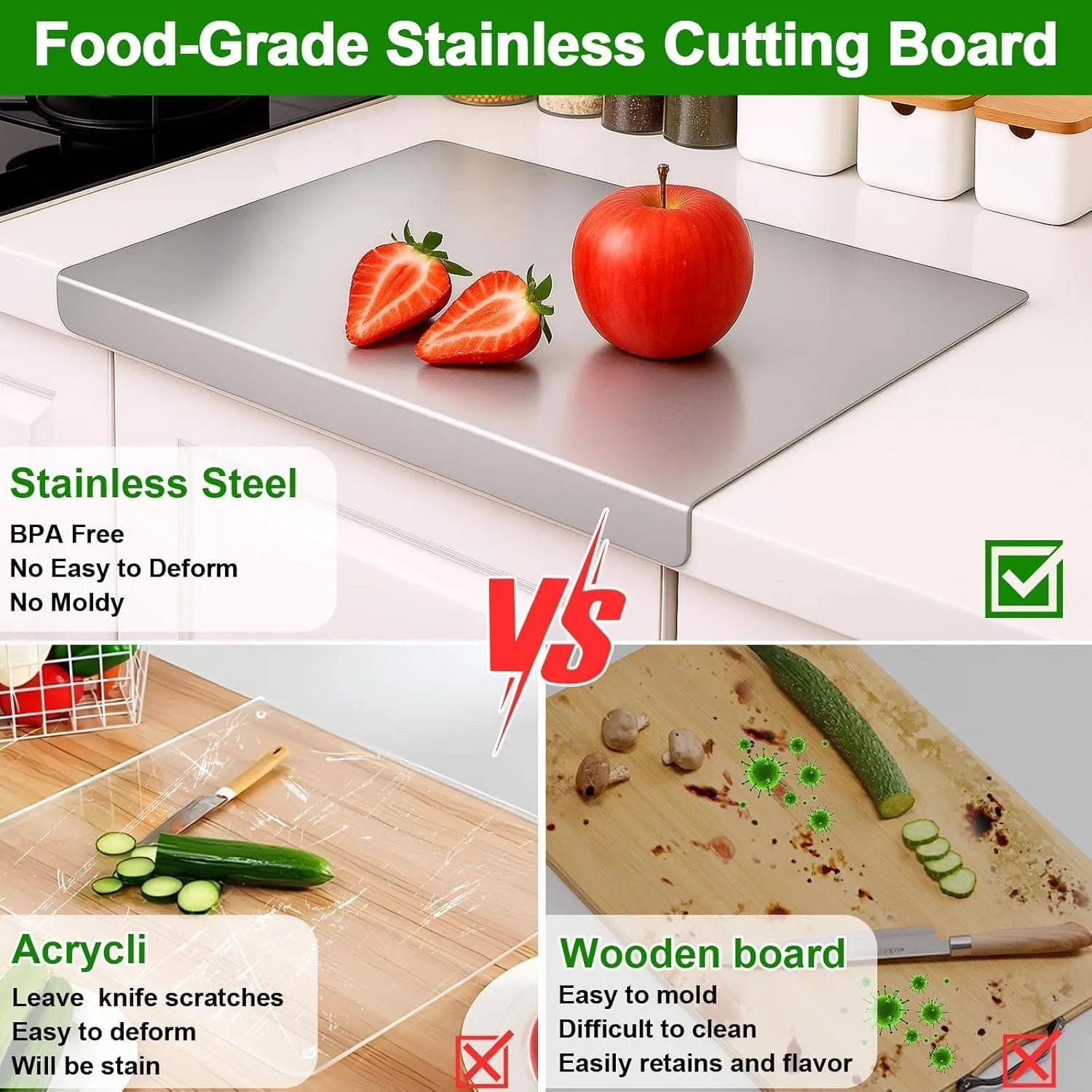 food grade stainless steel cutting board durable hygienic no microplastic no smell easy to clean food grade stainless steel cutting board durable hygienic no microplastic no smell easy to clean